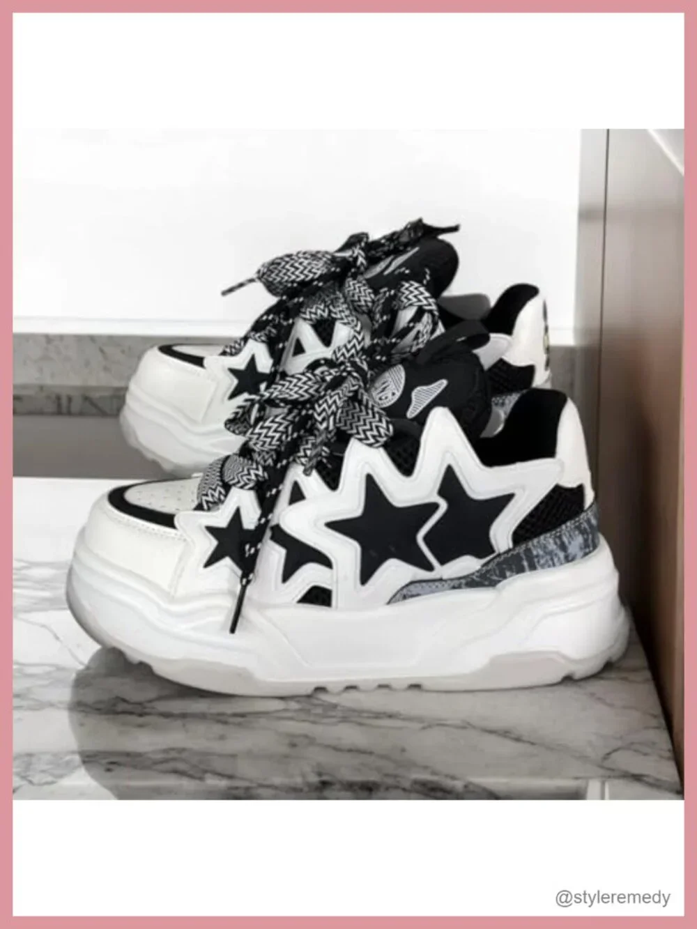 Women Chunky Sneakers Star Decor Dad Shoes Lace-Up Mesh Faux Leather Platform